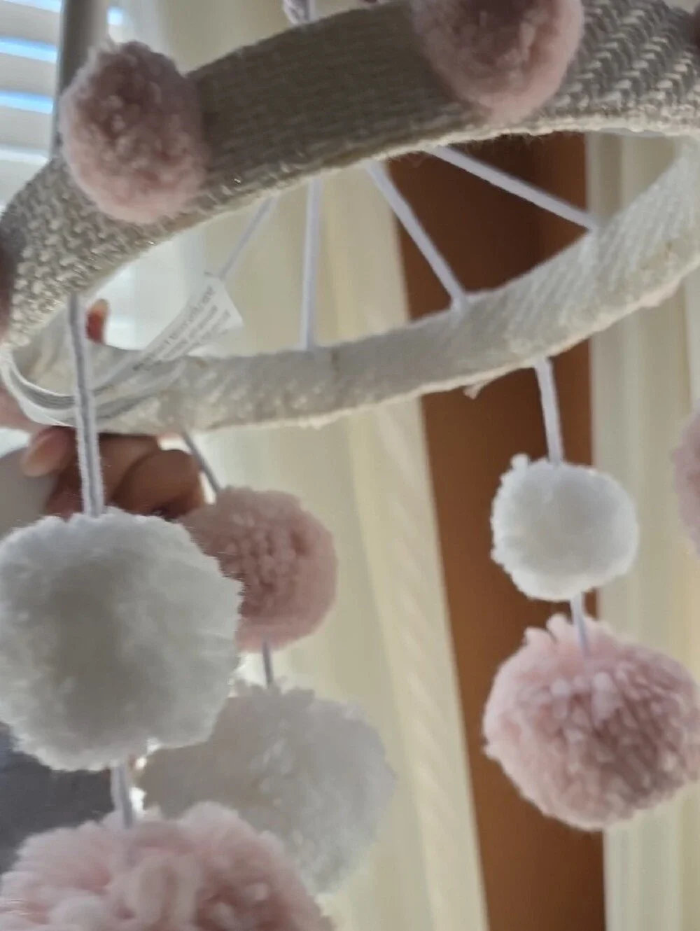 Pom Pom Baby Mobile - Pink & White Nursery Decor - Picture 3 of 8